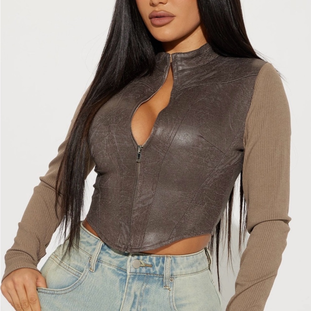 Fashion Nova Brown Faux Leather and Tan Sleeve Top